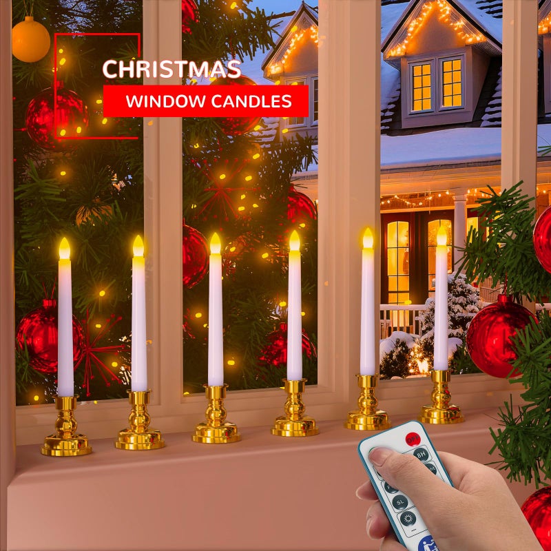PChero Window Candles with Remote Timer, 6 Packs 7.9" Battery Operated Flameless LED Taper Candles Lights with Removable Gold Candle Holders, Ideal for Thanksgiving Table Christmas Fall Home Decor - Image 2